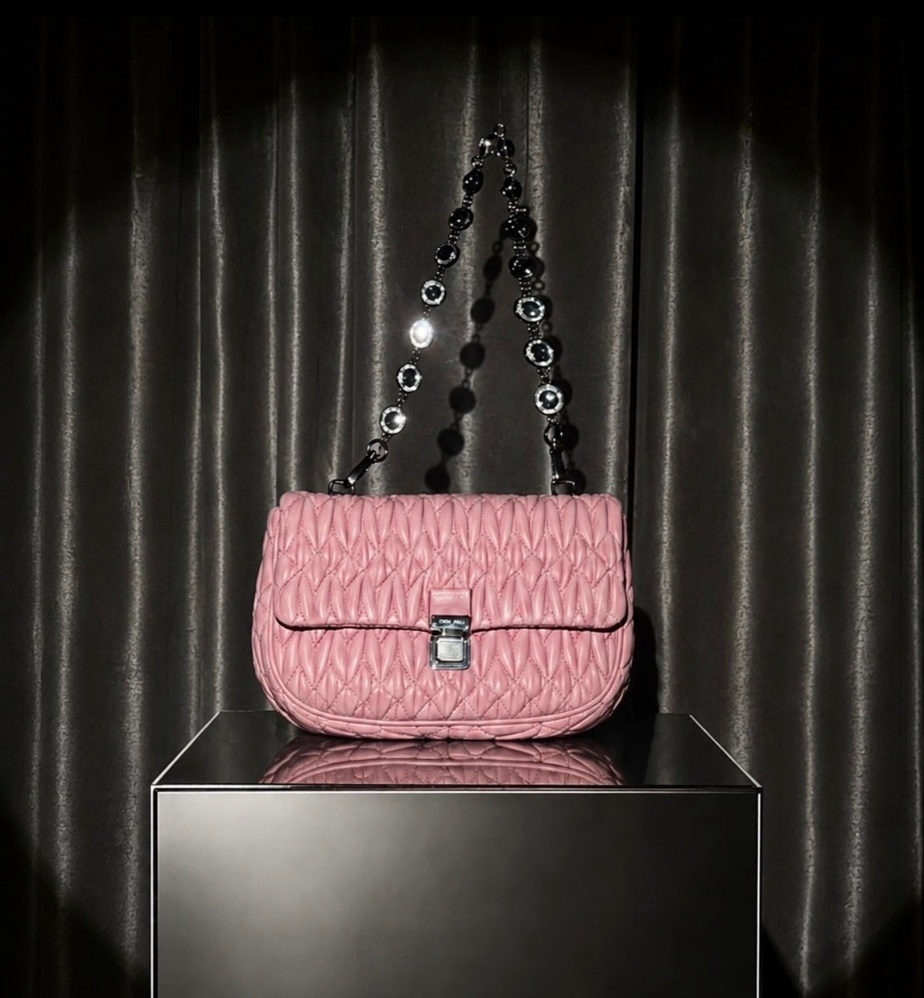Miu Miu Pink Matelassé Crystal Chain Shoulder Bag