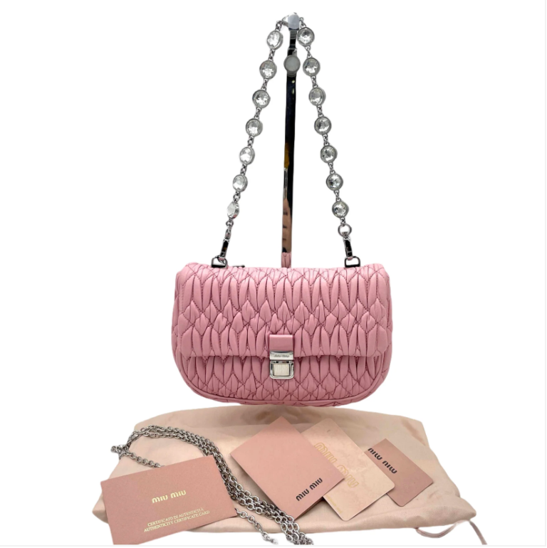 Miu Miu Pink Matelassé Crystal Chain Shoulder Bag