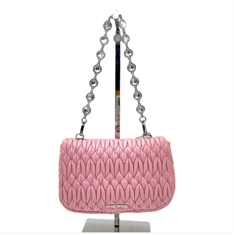 Miu Miu Pink Matelassé Crystal Chain Shoulder Bag