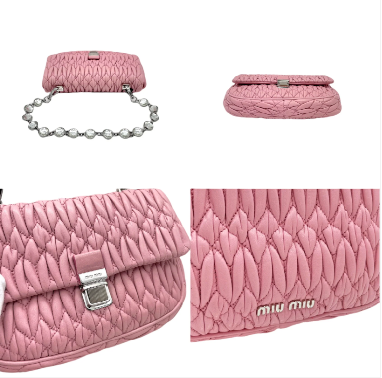 Miu Miu Pink Matelassé Crystal Chain Shoulder Bag