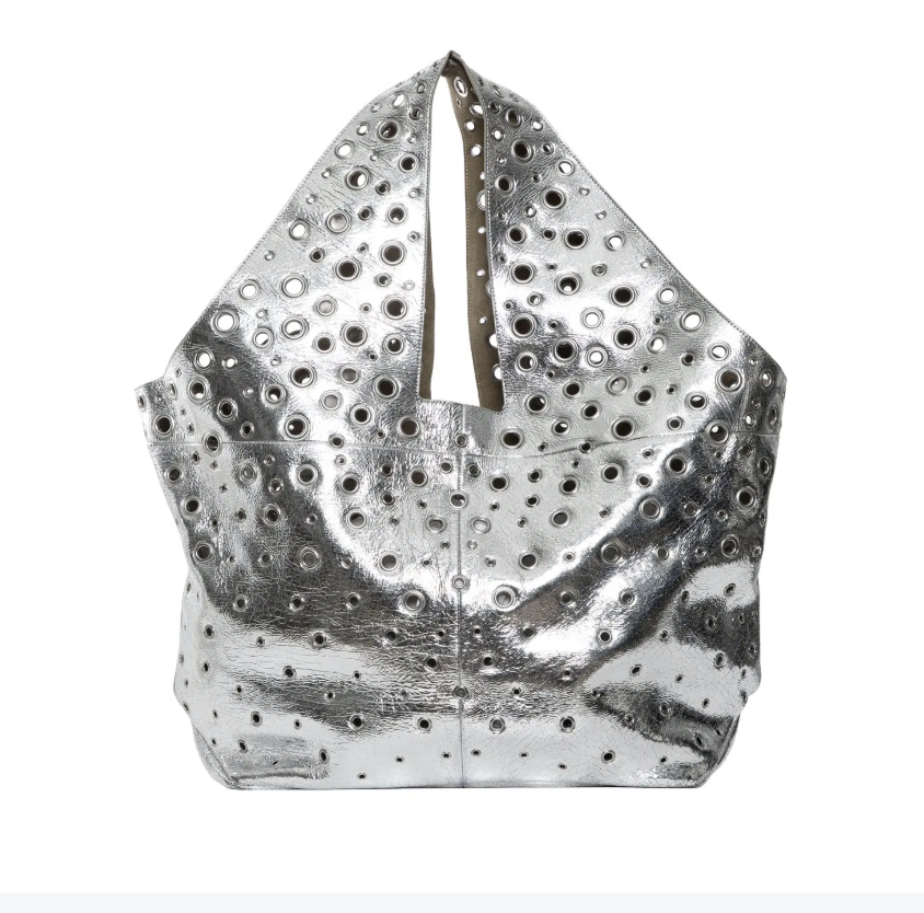 Paco Rabanne Silver Metallic Eyelet Leather Tote