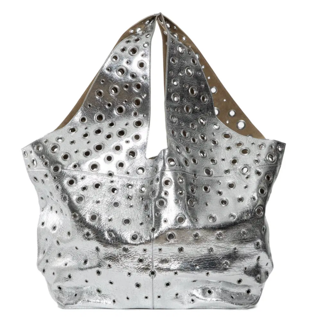 Paco Rabanne Silver Metallic Eyelet Leather Tote
