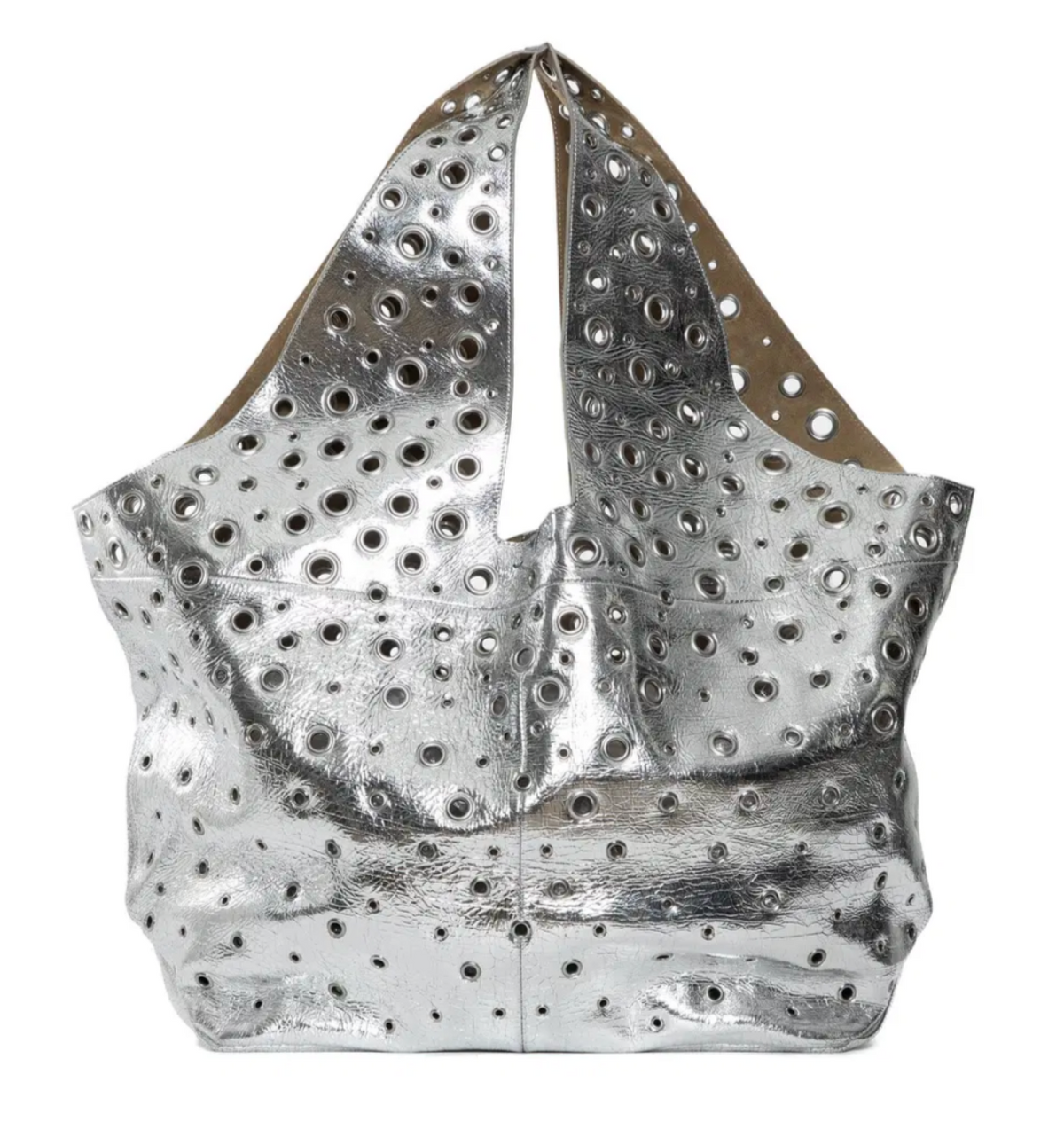 Paco Rabanne Silver Metallic Eyelet Leather Tote