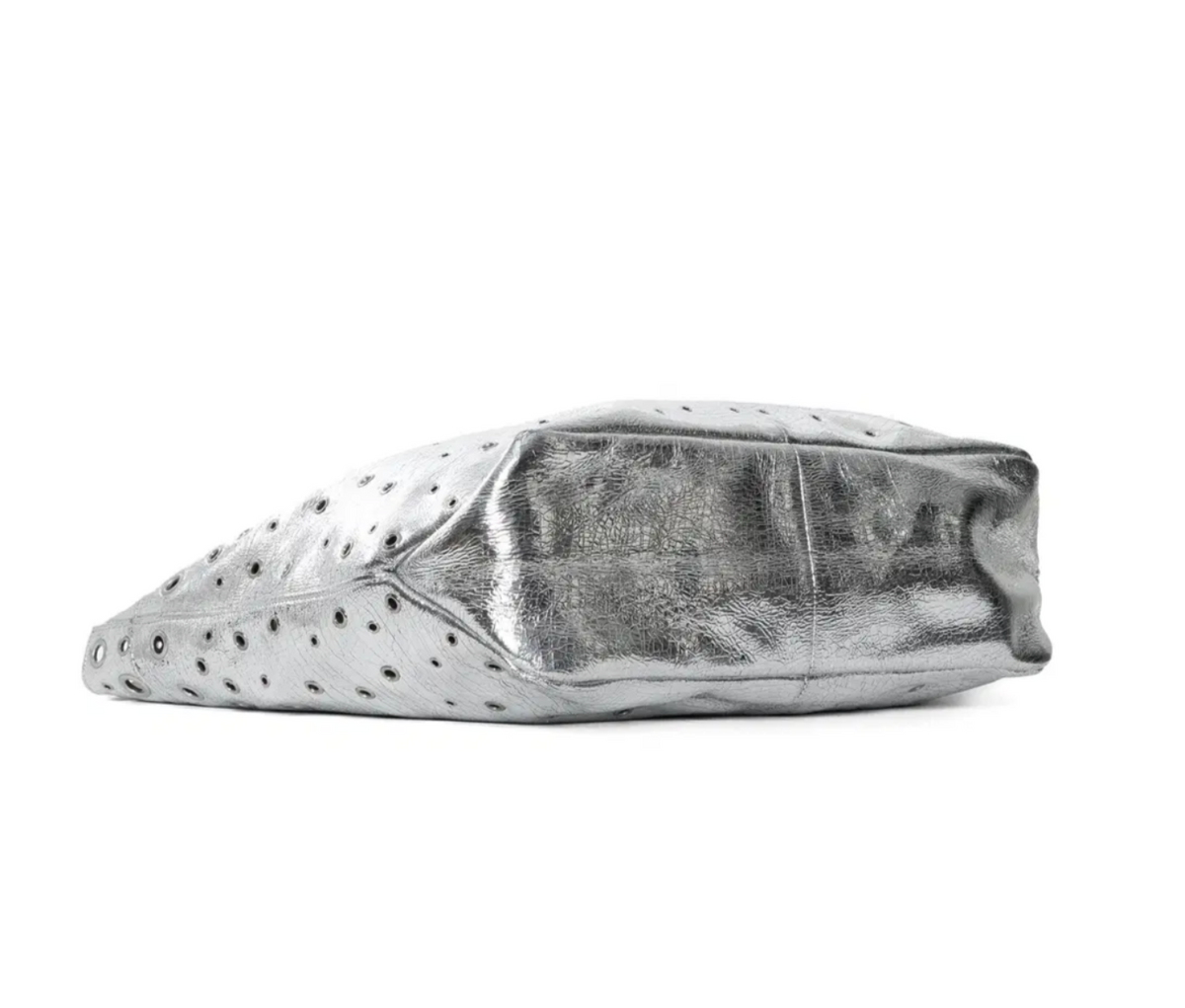 Paco Rabanne Silver Metallic Eyelet Leather Tote