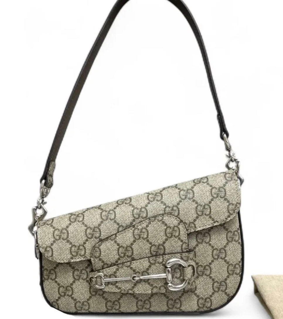 Gucci Horsebit 1955 GG Monogram Shoulder Bag Beige Clair