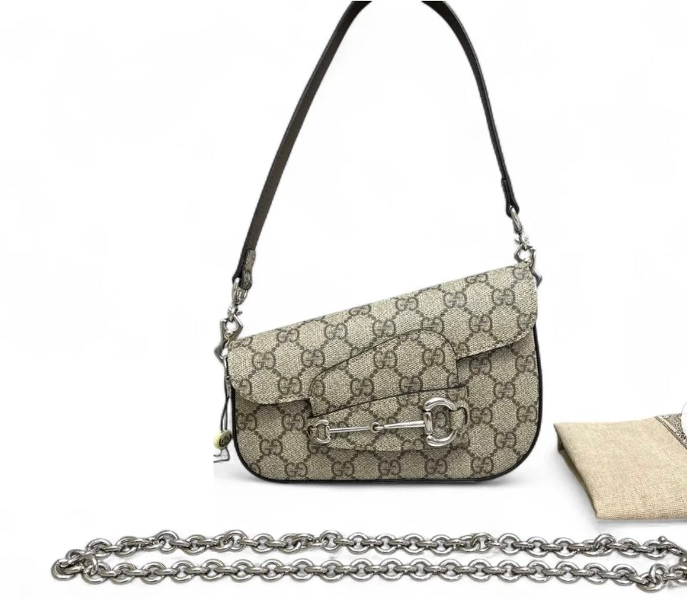 Gucci Horsebit 1955 GG Monogram Shoulder Bag Beige Clair